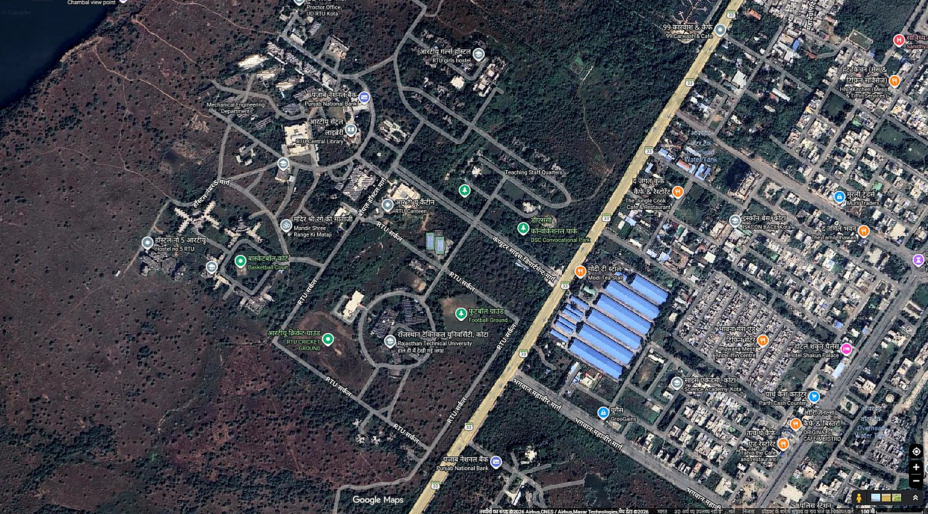 RTU Kota campus satellite map: central library, canteen, hostels, girls hostel, cricket and football ground, convocation park